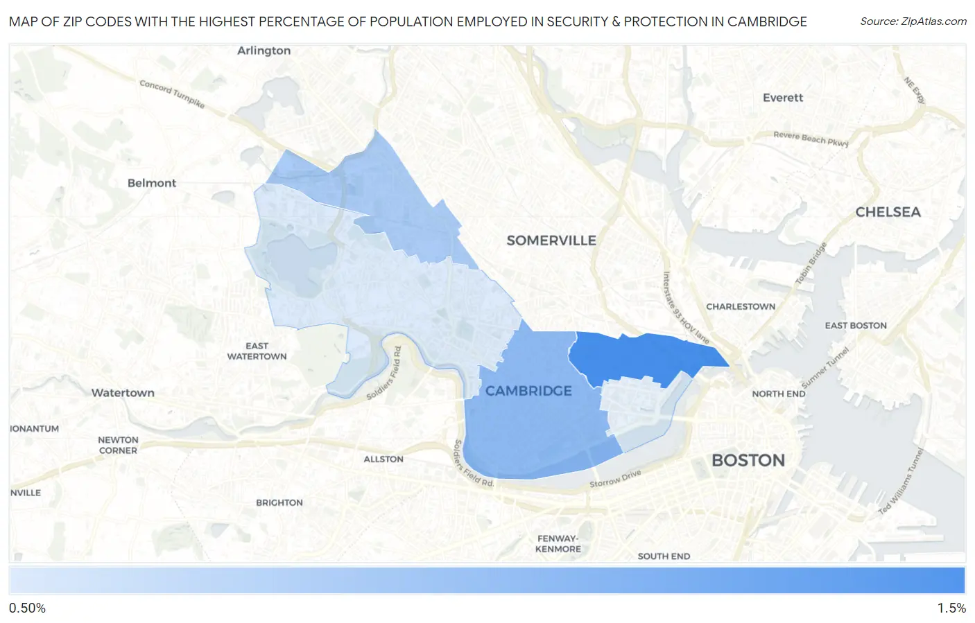 Zip Codes with the Highest Percentage of Population Employed in Security & Protection in Cambridge Map