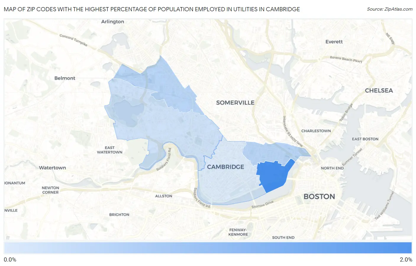 Zip Codes with the Highest Percentage of Population Employed in Utilities in Cambridge Map