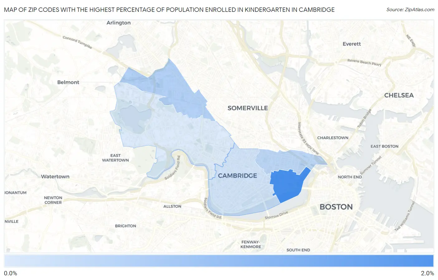 Zip Codes with the Highest Percentage of Population Enrolled in Kindergarten in Cambridge Map