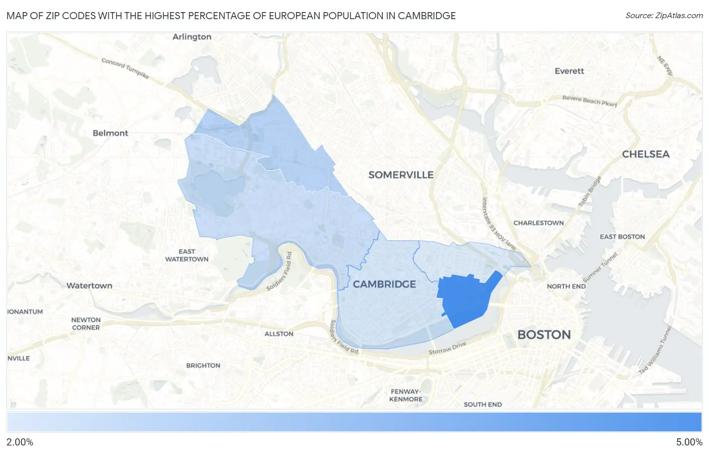 Zip Codes with the Highest Percentage of European Population in Cambridge Map