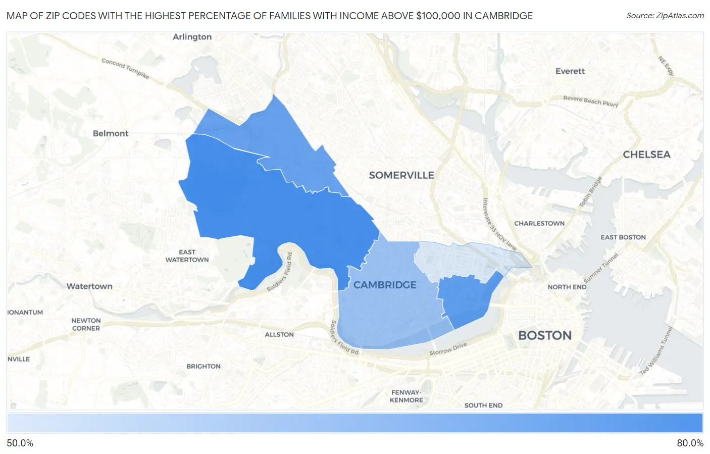 Zip Codes with the Highest Percentage of Families with Income Above $100,000 in Cambridge Map