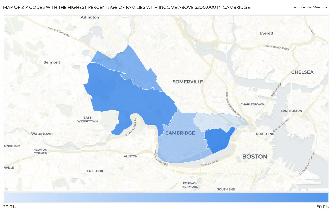 Zip Codes with the Highest Percentage of Families with Income Above $200,000 in Cambridge Map