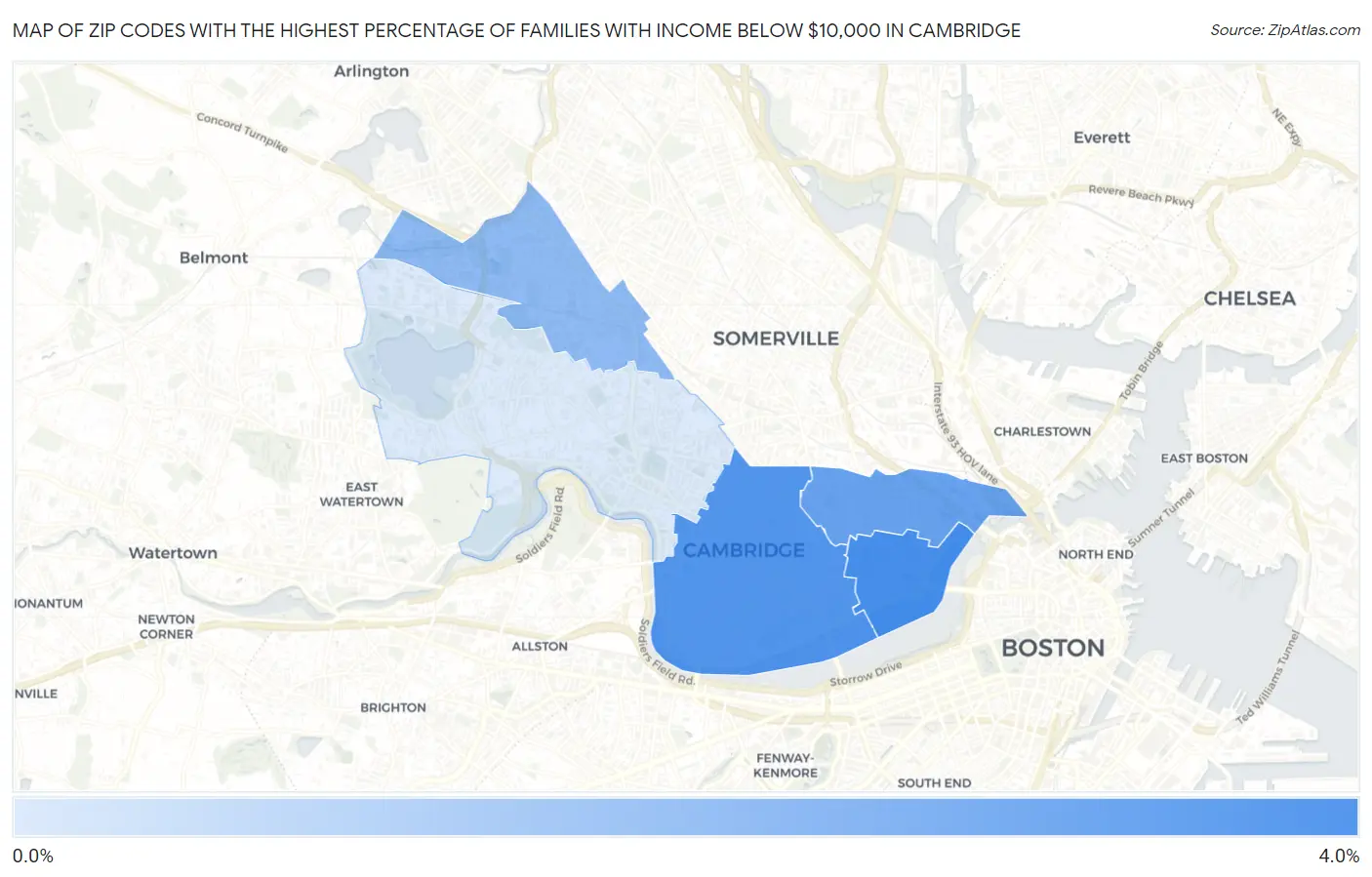 Zip Codes with the Highest Percentage of Families with Income Below $10,000 in Cambridge Map