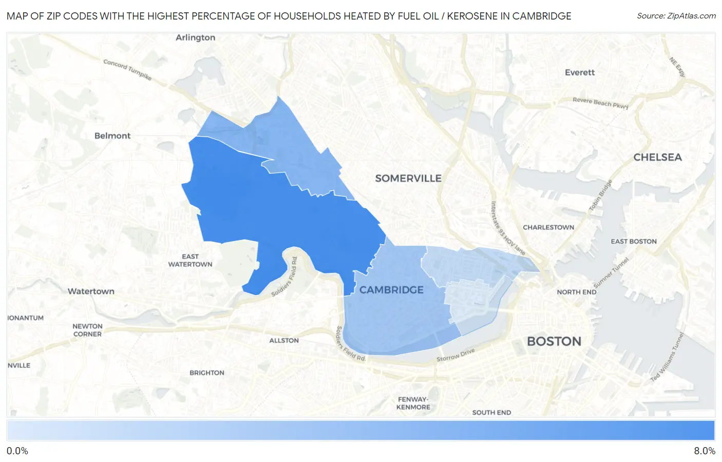 Zip Codes with the Highest Percentage of Households Heated by Fuel Oil / Kerosene in Cambridge Map