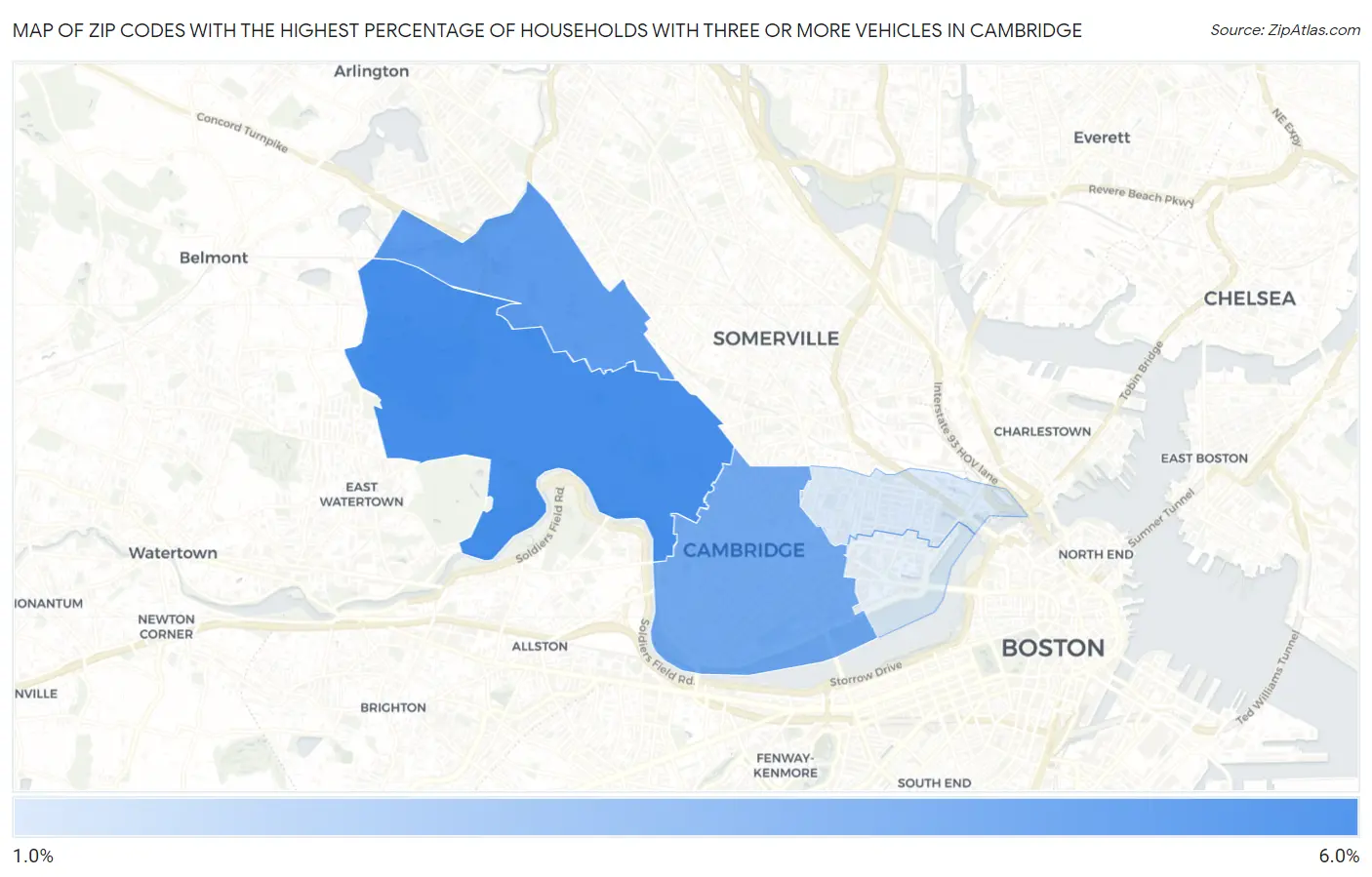 Zip Codes with the Highest Percentage of Households With Three or more Vehicles in Cambridge Map