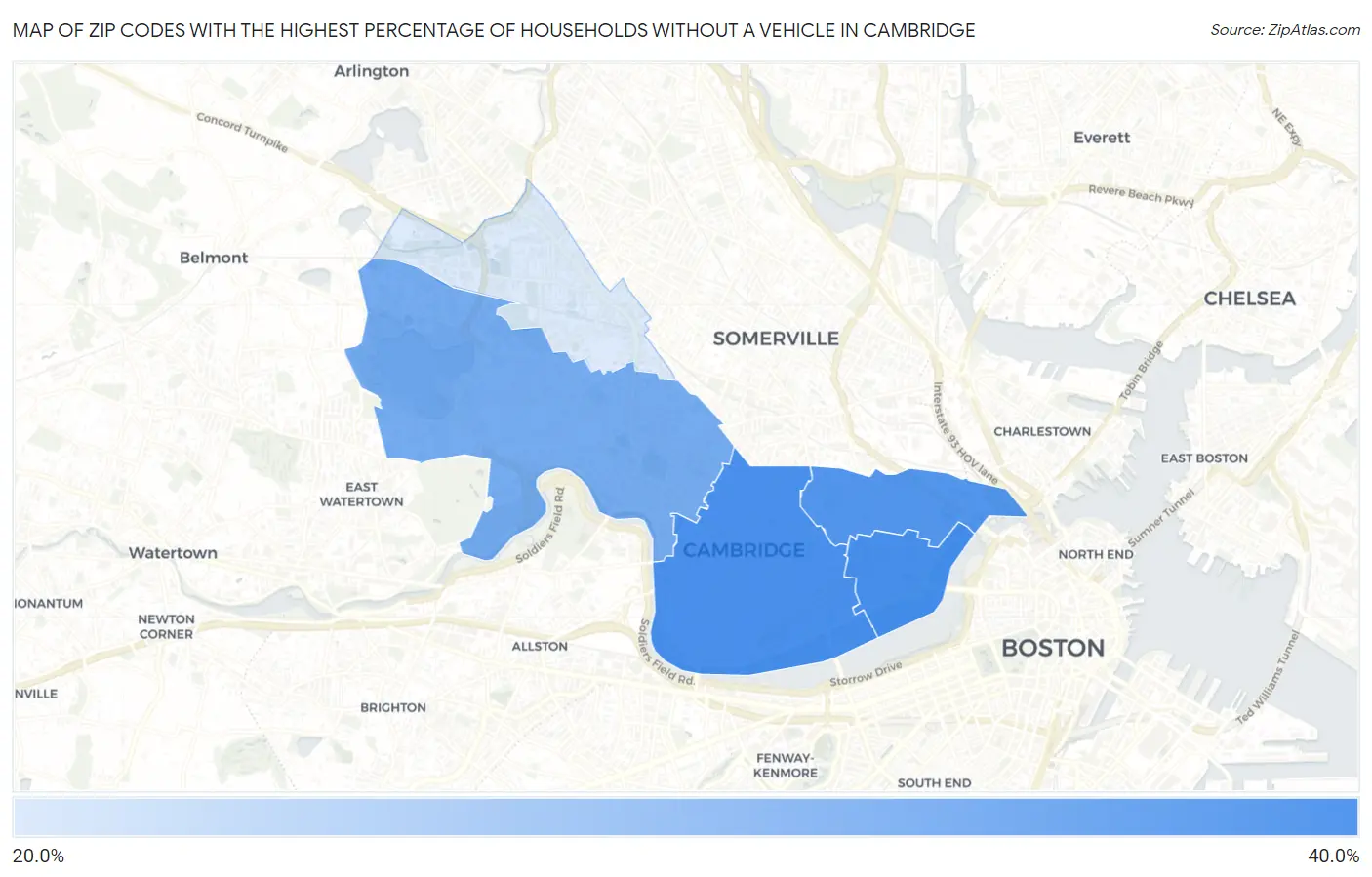 Zip Codes with the Highest Percentage of Households Without a Vehicle in Cambridge Map