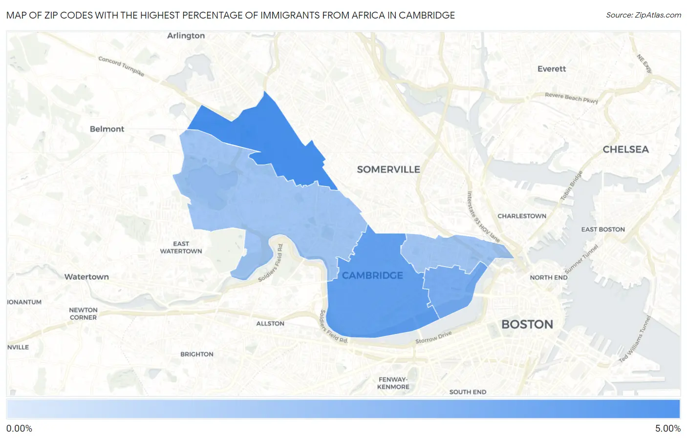 Zip Codes with the Highest Percentage of Immigrants from Africa in Cambridge Map