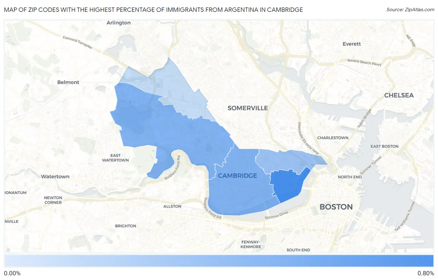 Zip Codes with the Highest Percentage of Immigrants from Argentina in Cambridge Map
