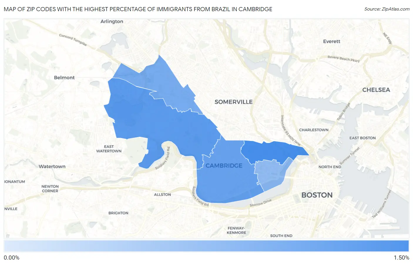 Zip Codes with the Highest Percentage of Immigrants from Brazil in Cambridge Map