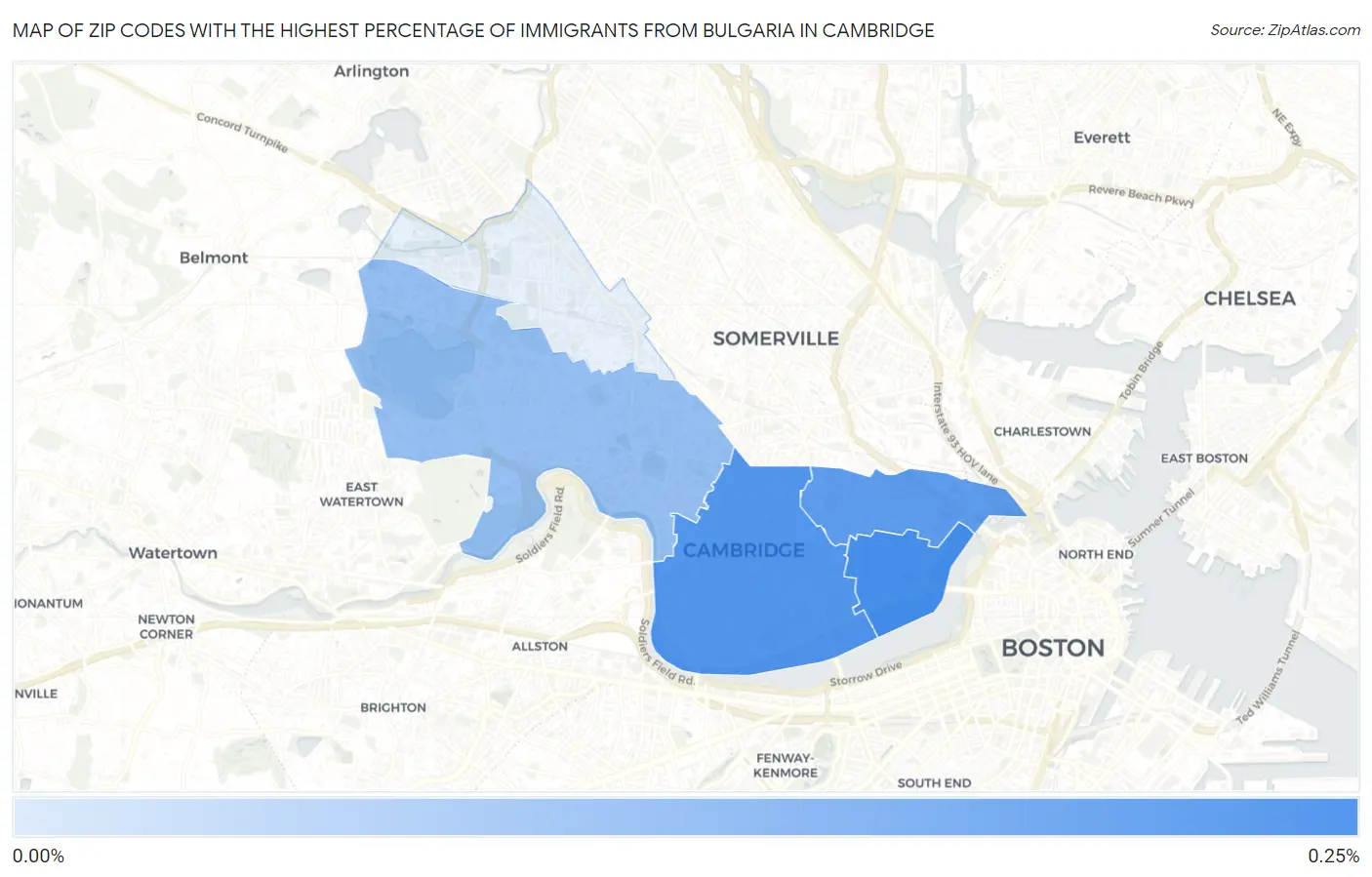 Zip Codes with the Highest Percentage of Immigrants from Bulgaria in Cambridge Map