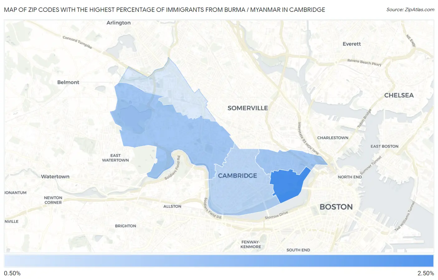 Zip Codes with the Highest Percentage of Immigrants from Burma / Myanmar in Cambridge Map