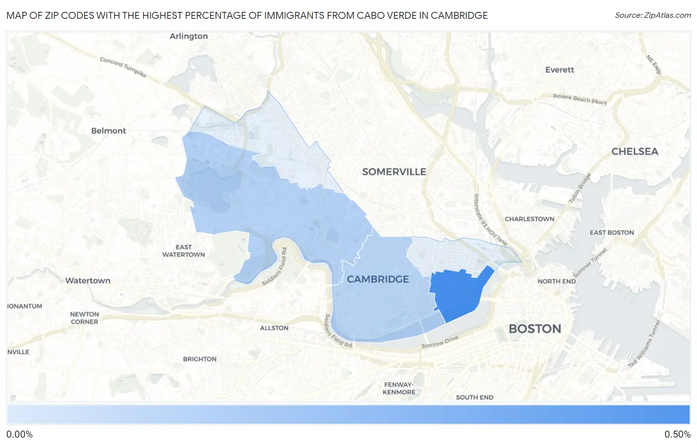 Zip Codes with the Highest Percentage of Immigrants from Cabo Verde in Cambridge Map