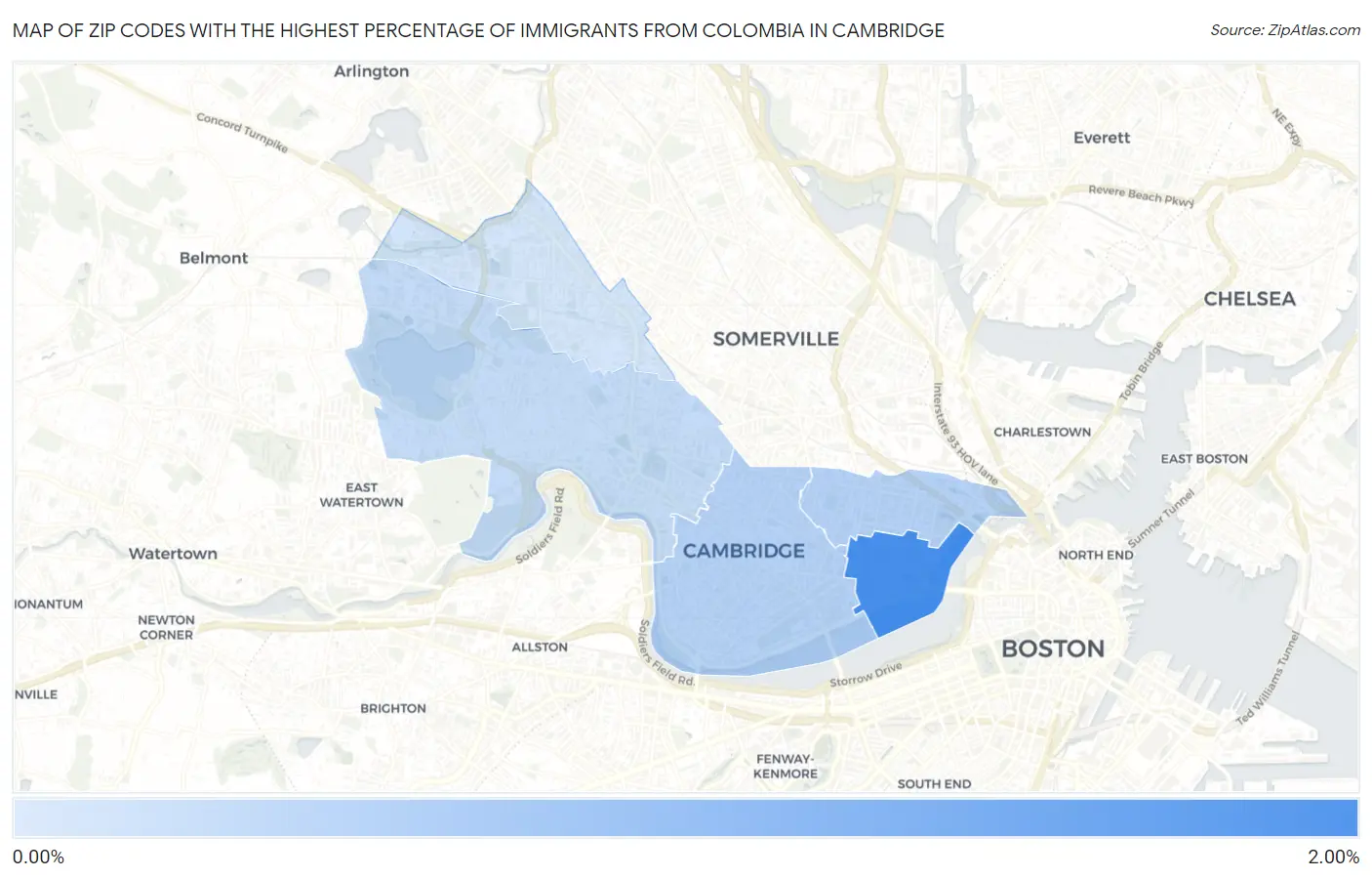Zip Codes with the Highest Percentage of Immigrants from Colombia in Cambridge Map