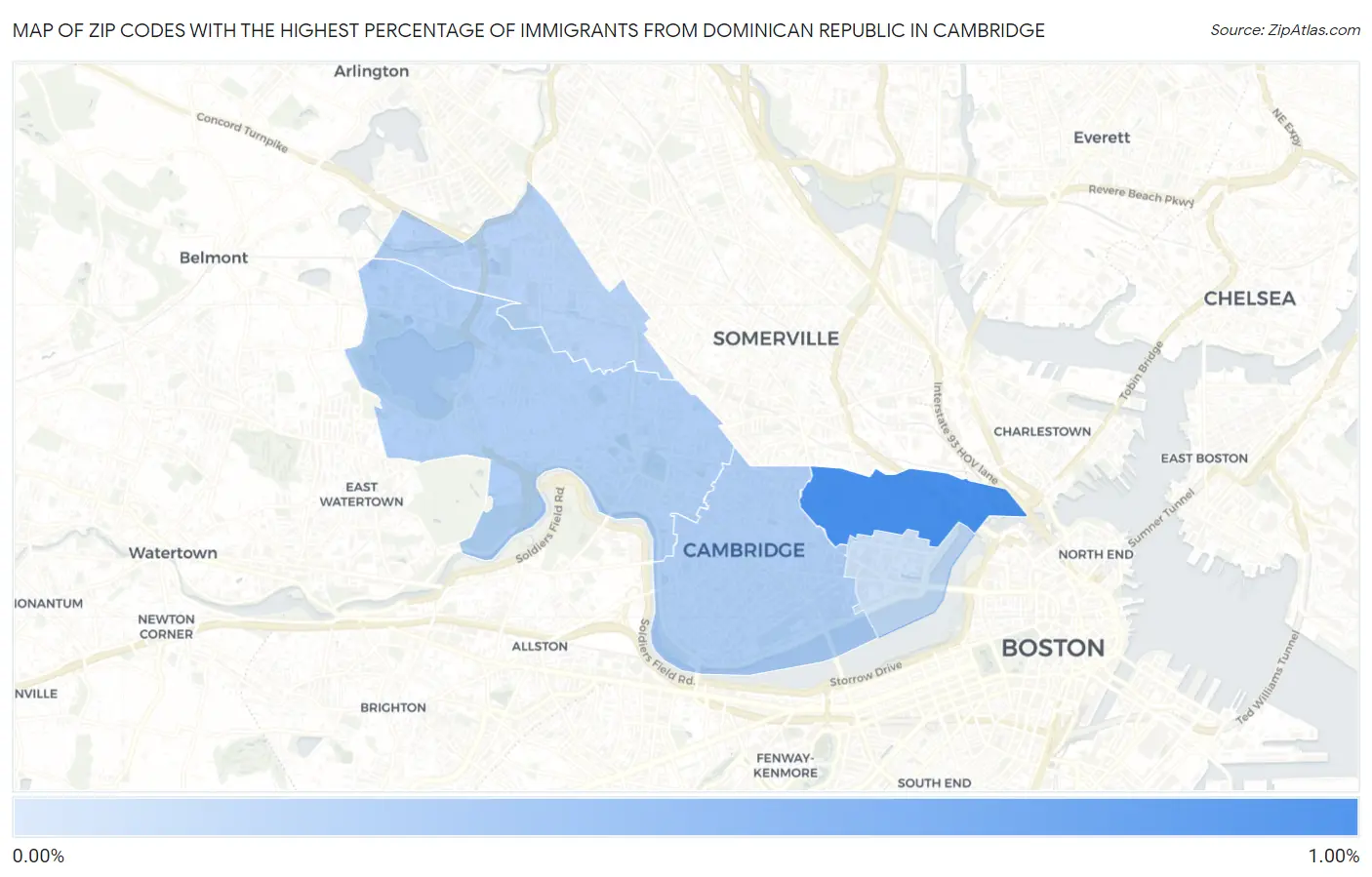 Zip Codes with the Highest Percentage of Immigrants from Dominican Republic in Cambridge Map