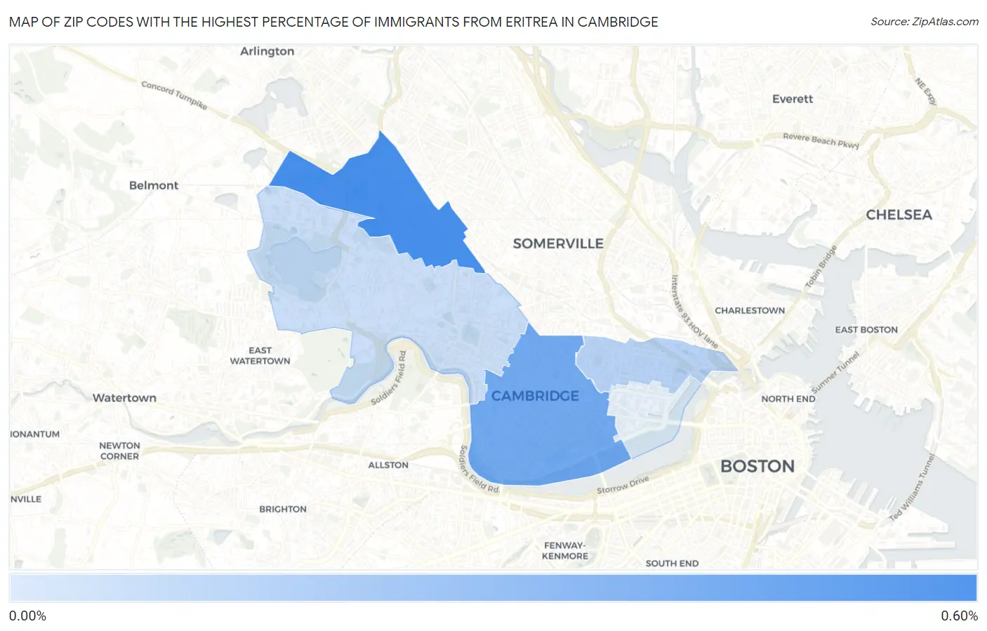 Zip Codes with the Highest Percentage of Immigrants from Eritrea in Cambridge Map