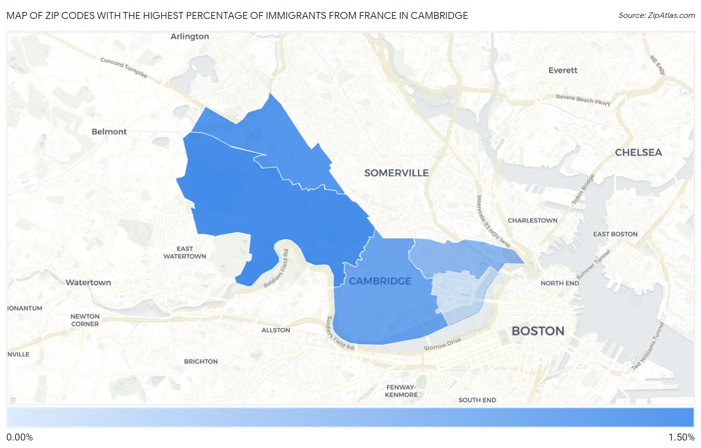 Zip Codes with the Highest Percentage of Immigrants from France in Cambridge Map