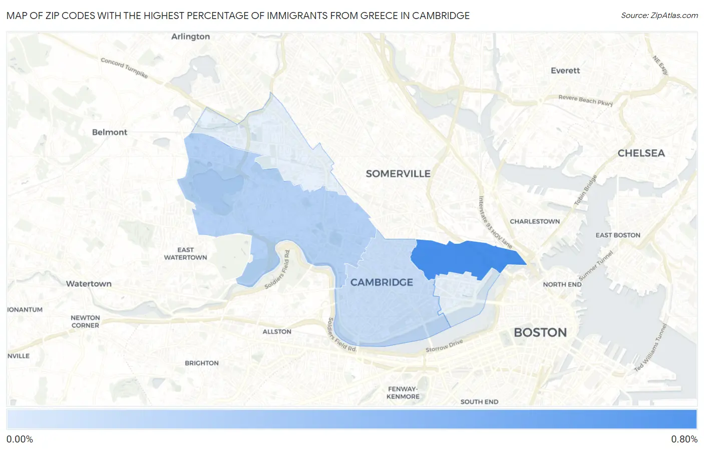Zip Codes with the Highest Percentage of Immigrants from Greece in Cambridge Map
