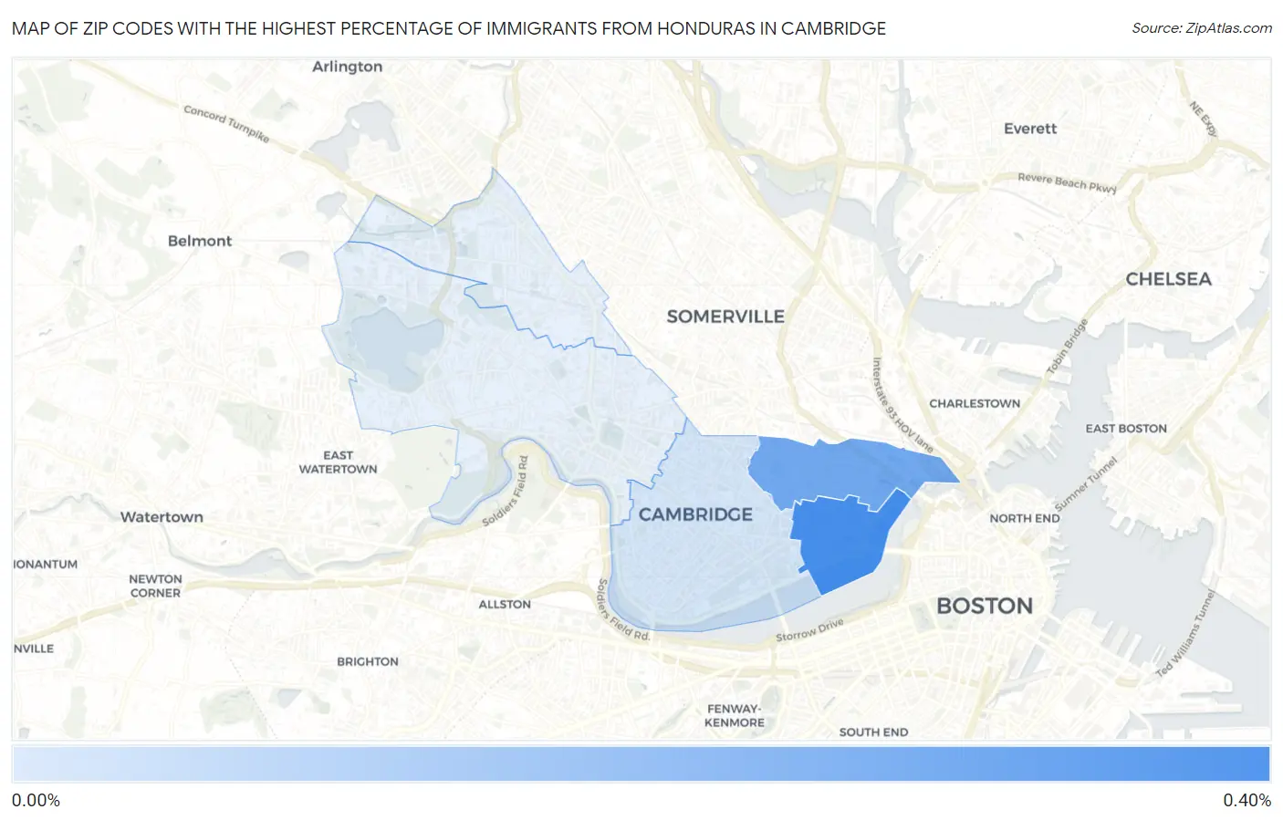 Zip Codes with the Highest Percentage of Immigrants from Honduras in Cambridge Map