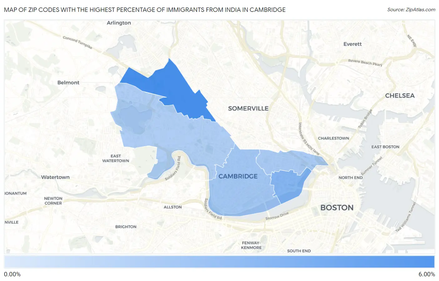 Zip Codes with the Highest Percentage of Immigrants from India in Cambridge Map