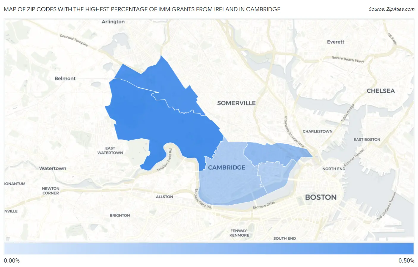Zip Codes with the Highest Percentage of Immigrants from Ireland in Cambridge Map