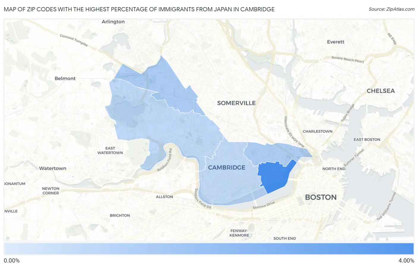 Zip Codes with the Highest Percentage of Immigrants from Japan in Cambridge Map