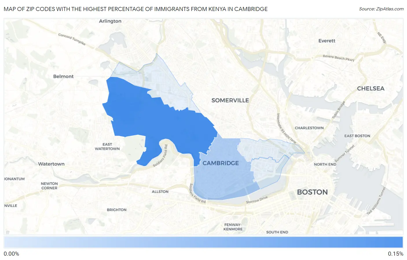 Zip Codes with the Highest Percentage of Immigrants from Kenya in Cambridge Map