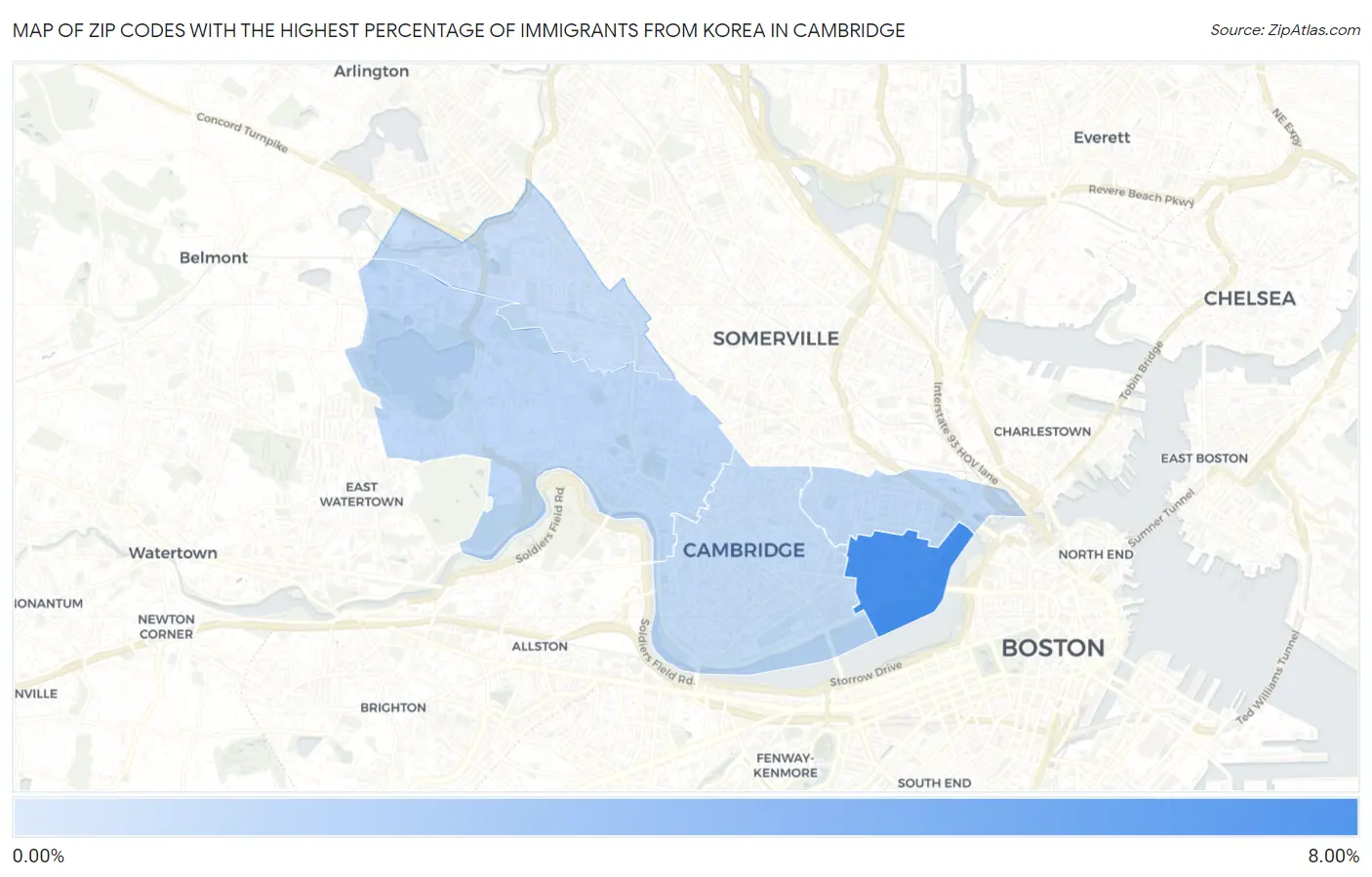 Zip Codes with the Highest Percentage of Immigrants from Korea in Cambridge Map