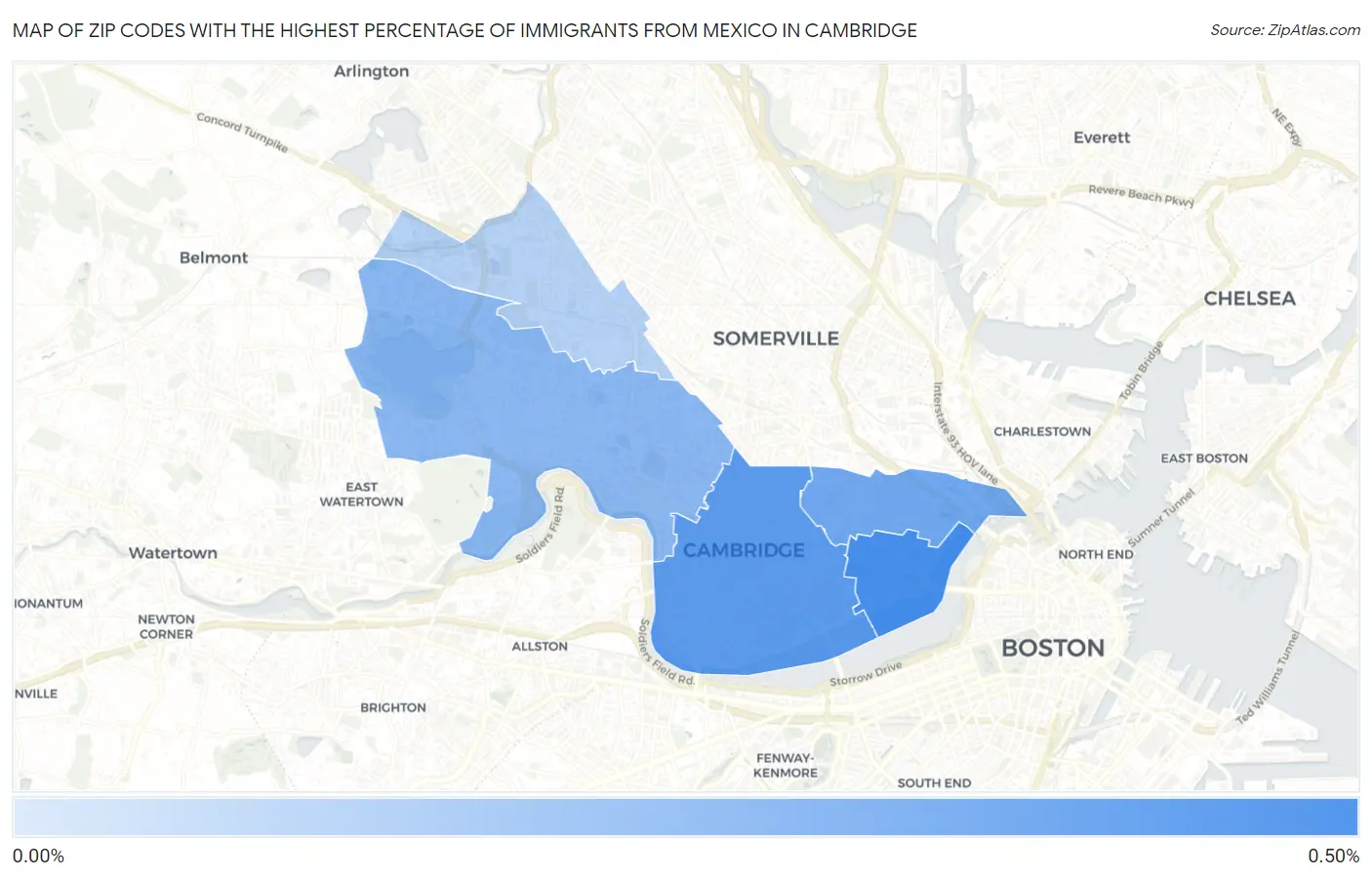 Zip Codes with the Highest Percentage of Immigrants from Mexico in Cambridge Map