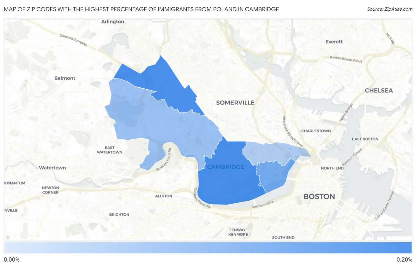 Zip Codes with the Highest Percentage of Immigrants from Poland in Cambridge Map