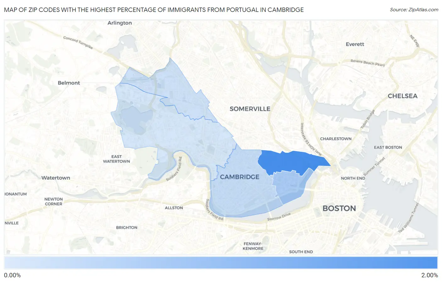 Zip Codes with the Highest Percentage of Immigrants from Portugal in Cambridge Map