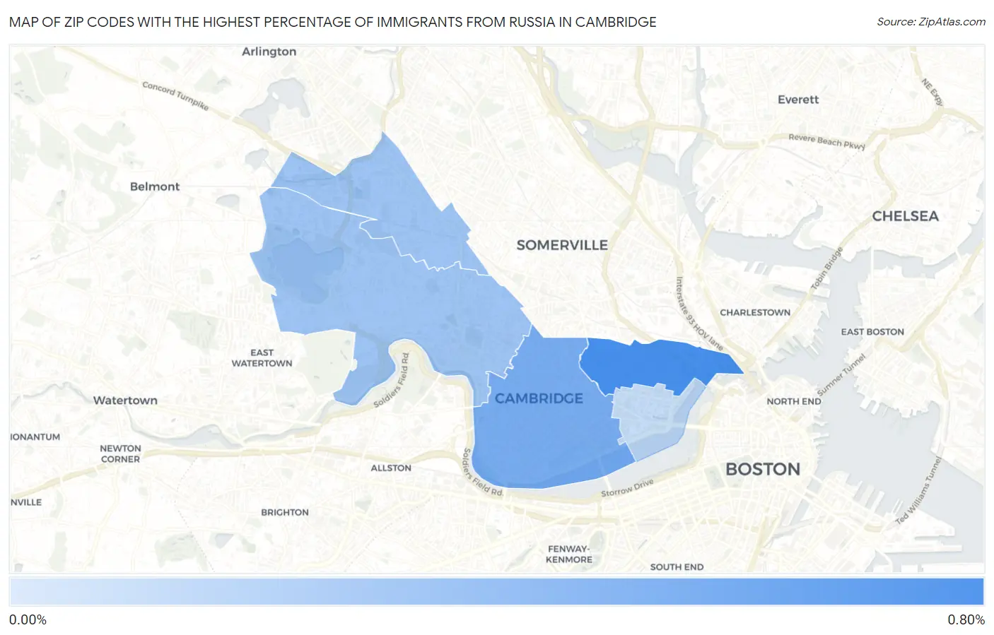 Zip Codes with the Highest Percentage of Immigrants from Russia in Cambridge Map