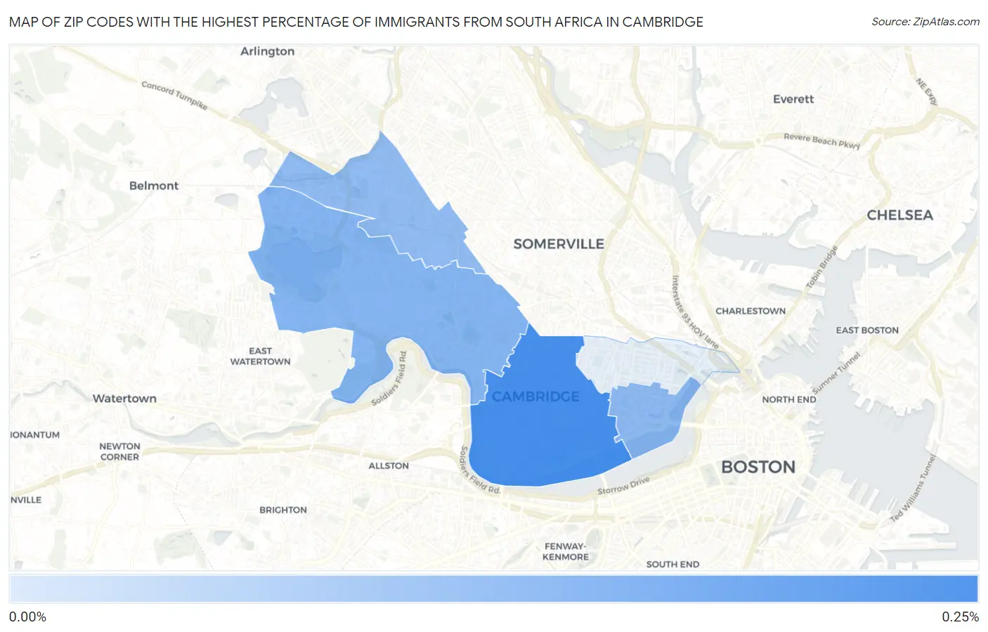 Zip Codes with the Highest Percentage of Immigrants from South Africa in Cambridge Map