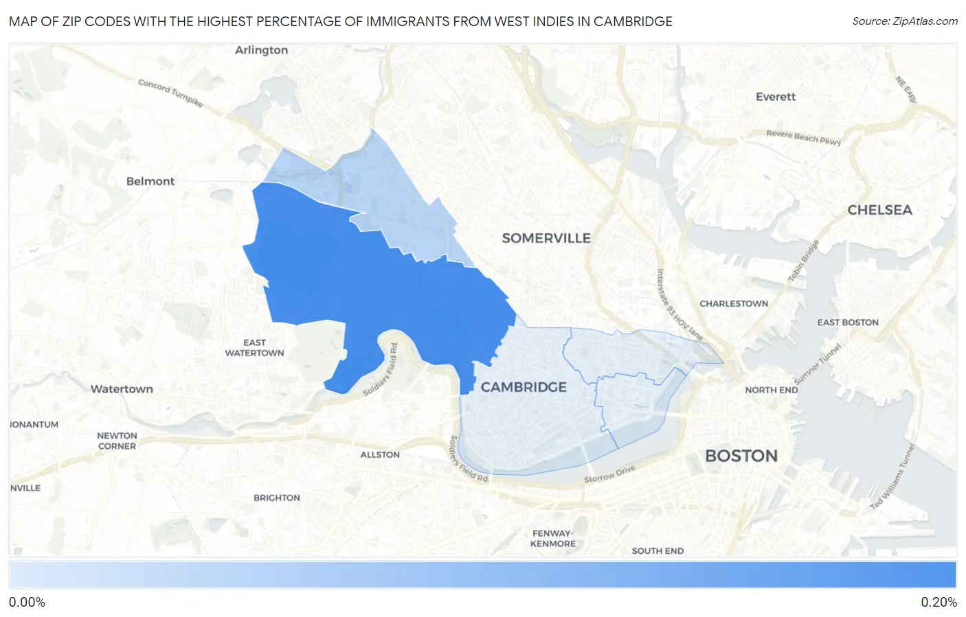 Zip Codes with the Highest Percentage of Immigrants from West Indies in Cambridge Map