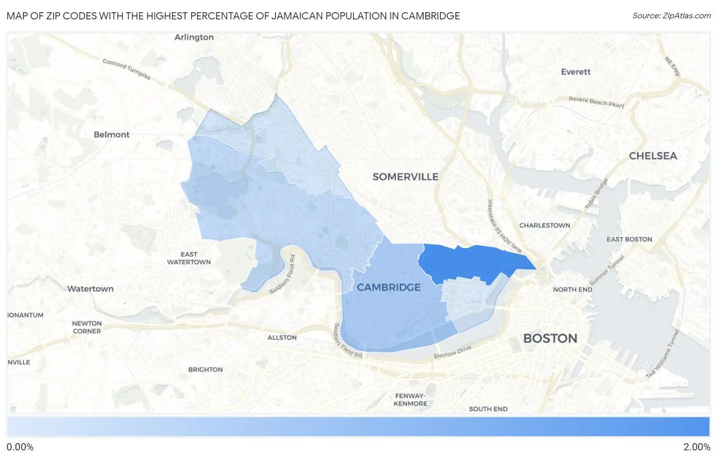 Zip Codes with the Highest Percentage of Jamaican Population in Cambridge Map