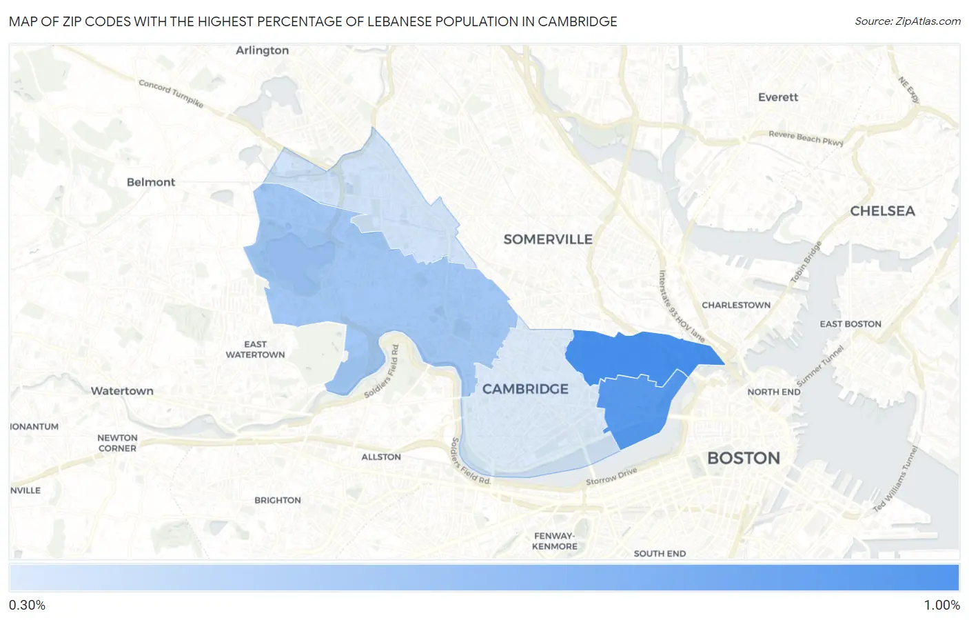 Zip Codes with the Highest Percentage of Lebanese Population in Cambridge Map
