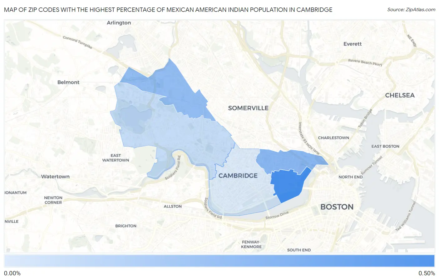 Zip Codes with the Highest Percentage of Mexican American Indian Population in Cambridge Map
