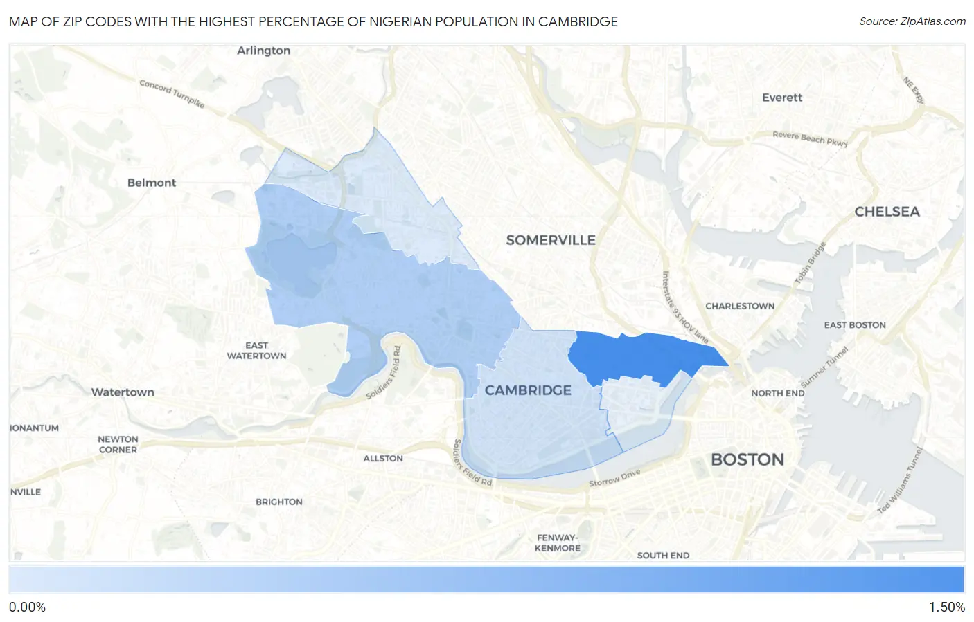 Zip Codes with the Highest Percentage of Nigerian Population in Cambridge Map