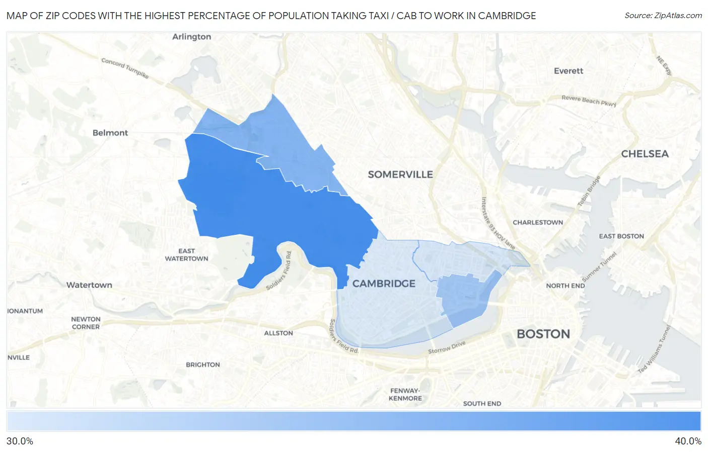 Zip Codes with the Highest Percentage of Population Taking Taxi / Cab to Work in Cambridge Map