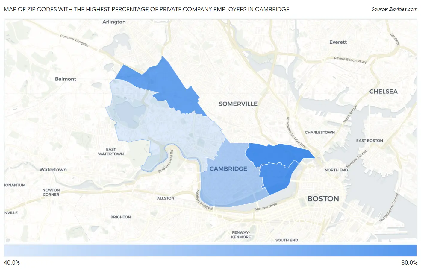 Zip Codes with the Highest Percentage of Private Company Employees in Cambridge Map