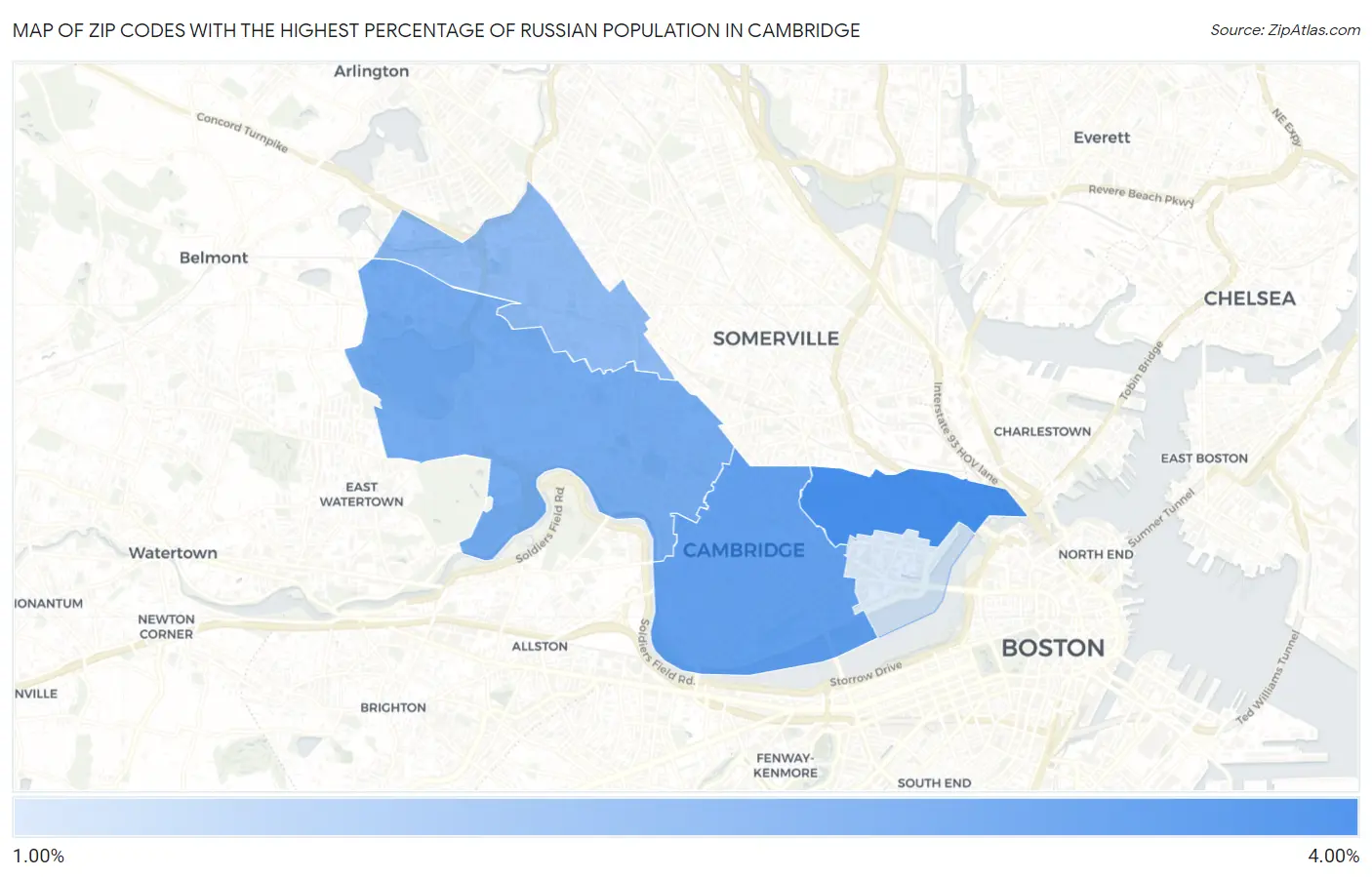 Zip Codes with the Highest Percentage of Russian Population in Cambridge Map
