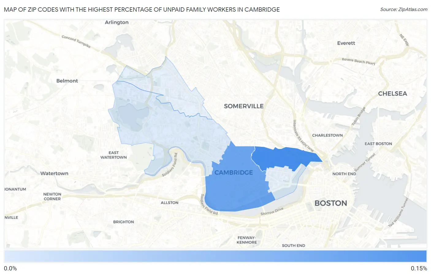 Zip Codes with the Highest Percentage of Unpaid Family Workers in Cambridge Map