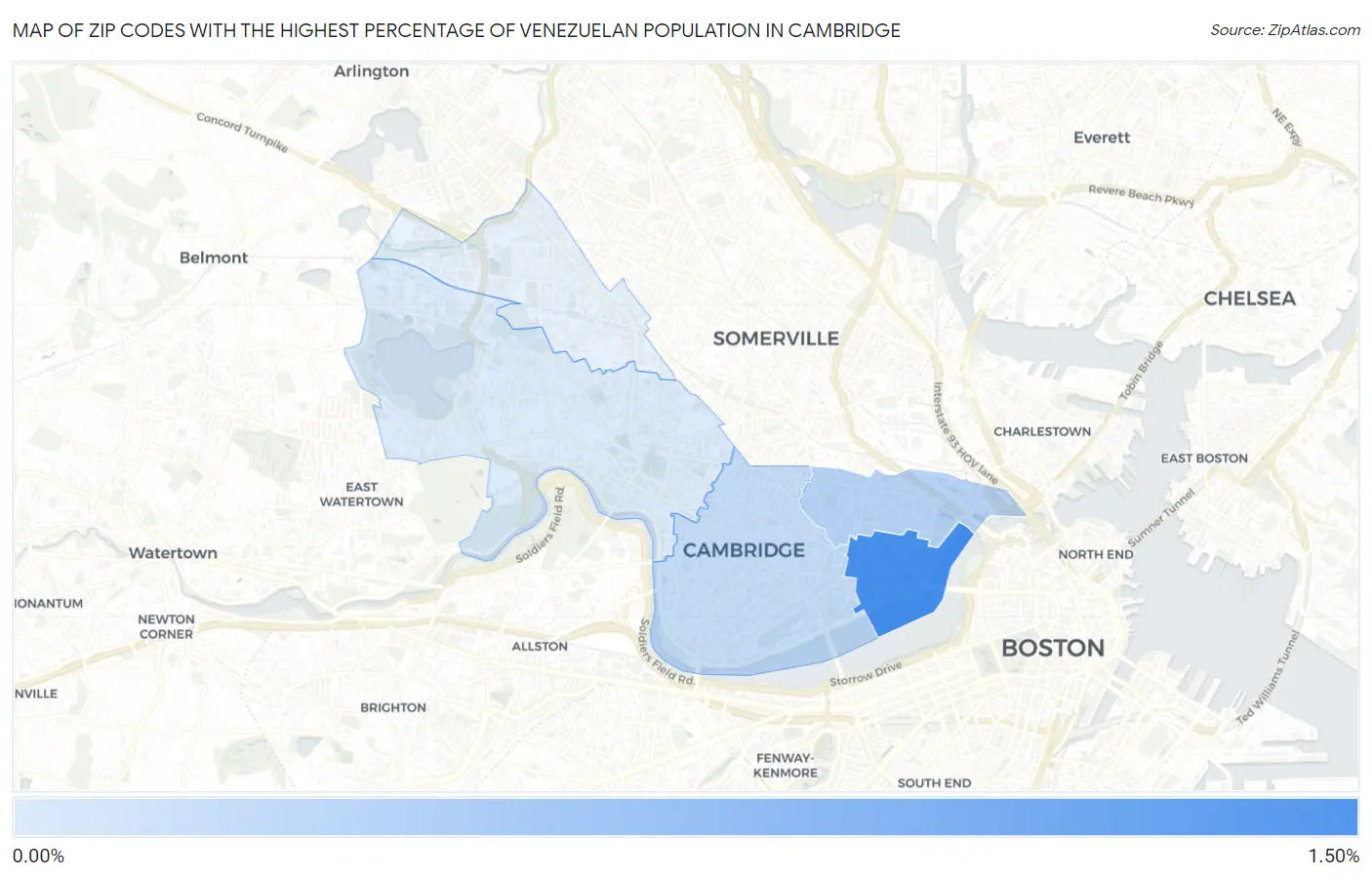 Zip Codes with the Highest Percentage of Venezuelan Population in Cambridge Map