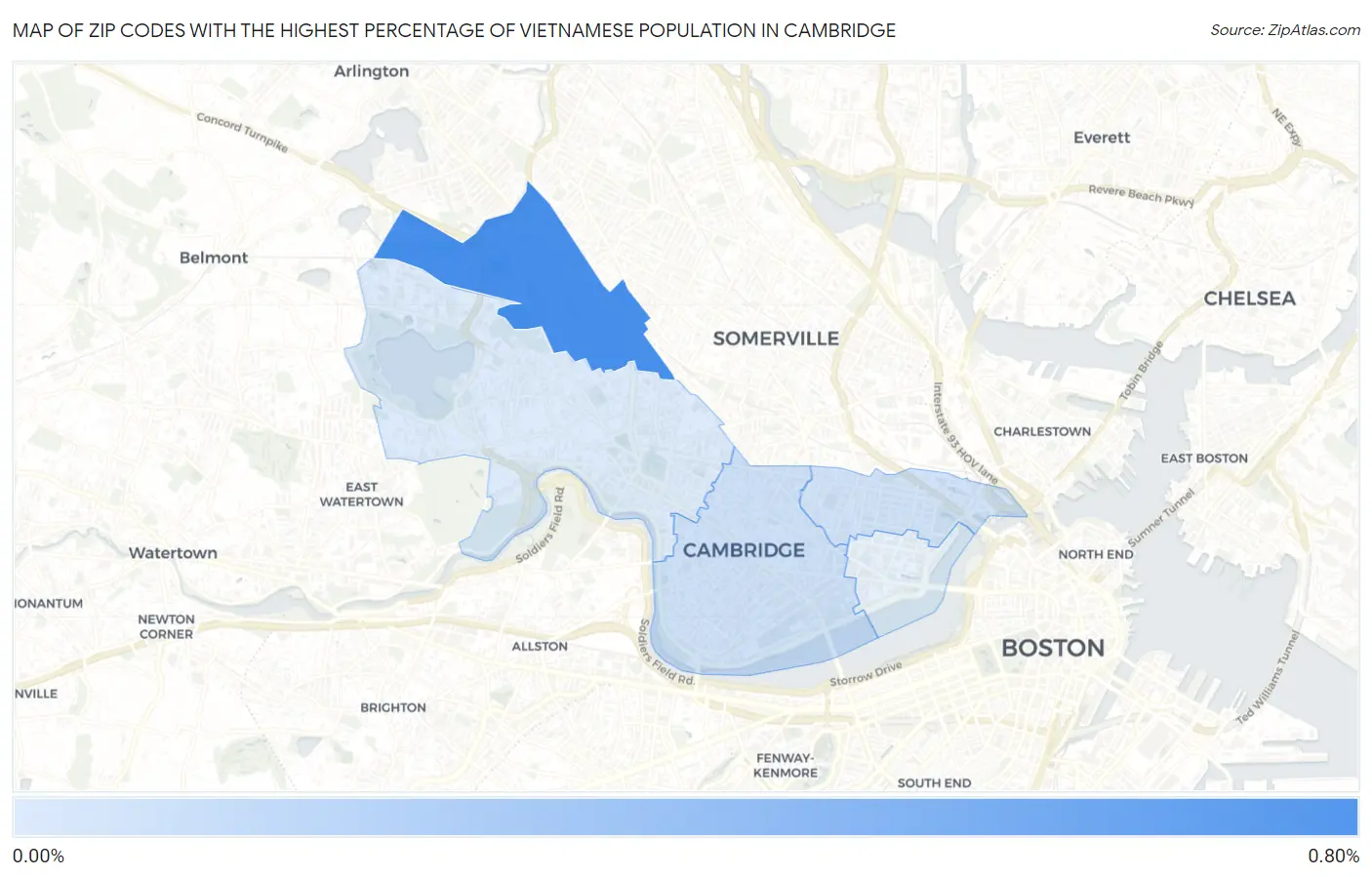 Zip Codes with the Highest Percentage of Vietnamese Population in Cambridge Map