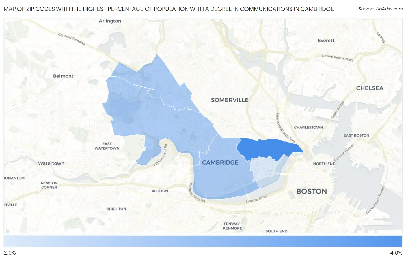 Zip Codes with the Highest Percentage of Population with a Degree in Communications in Cambridge Map