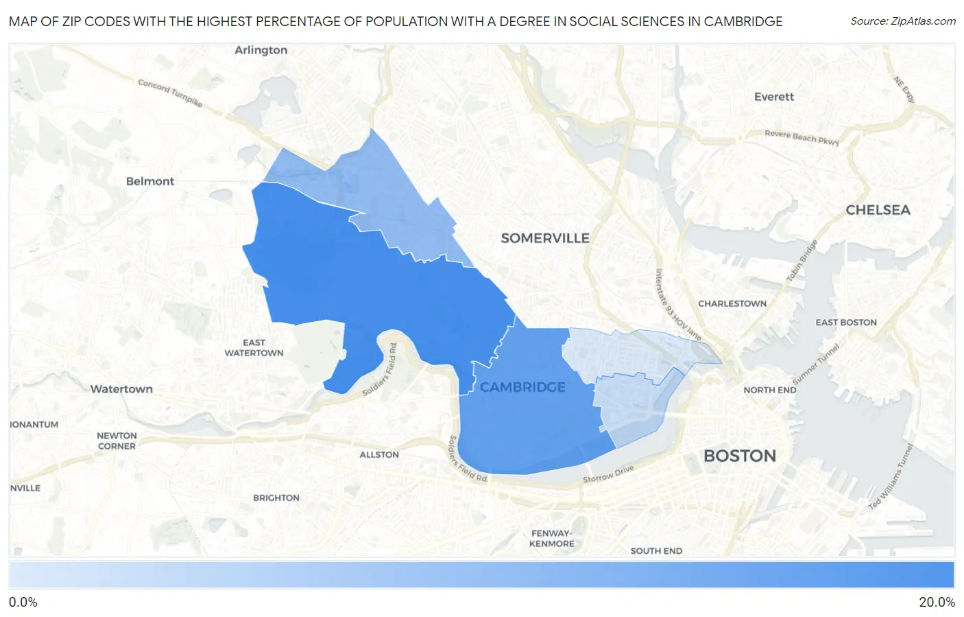 Zip Codes with the Highest Percentage of Population with a Degree in Social Sciences in Cambridge Map
