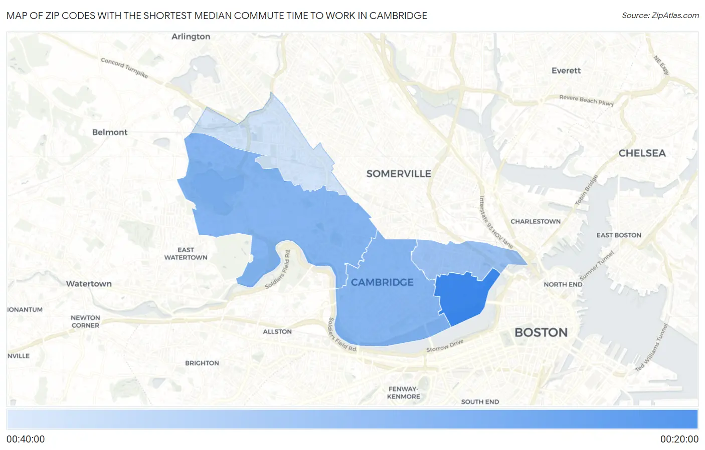Zip Codes with the Shortest Median Commute Time to Work in Cambridge Map