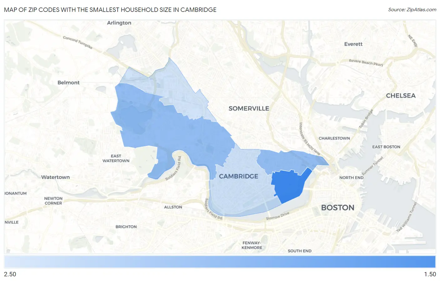 Zip Codes with the Smallest Household Size in Cambridge Map