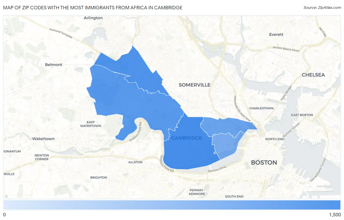 Zip Codes with the Most Immigrants from Africa in Cambridge Map