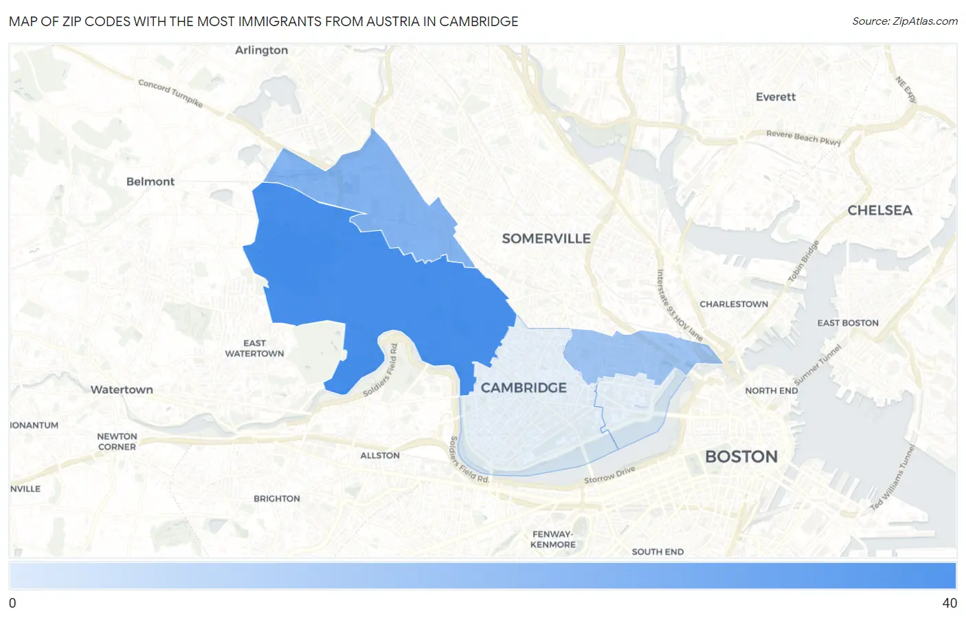 Zip Codes with the Most Immigrants from Austria in Cambridge Map