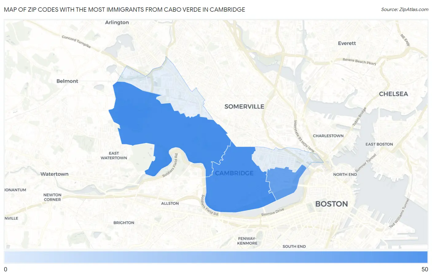 Zip Codes with the Most Immigrants from Cabo Verde in Cambridge Map